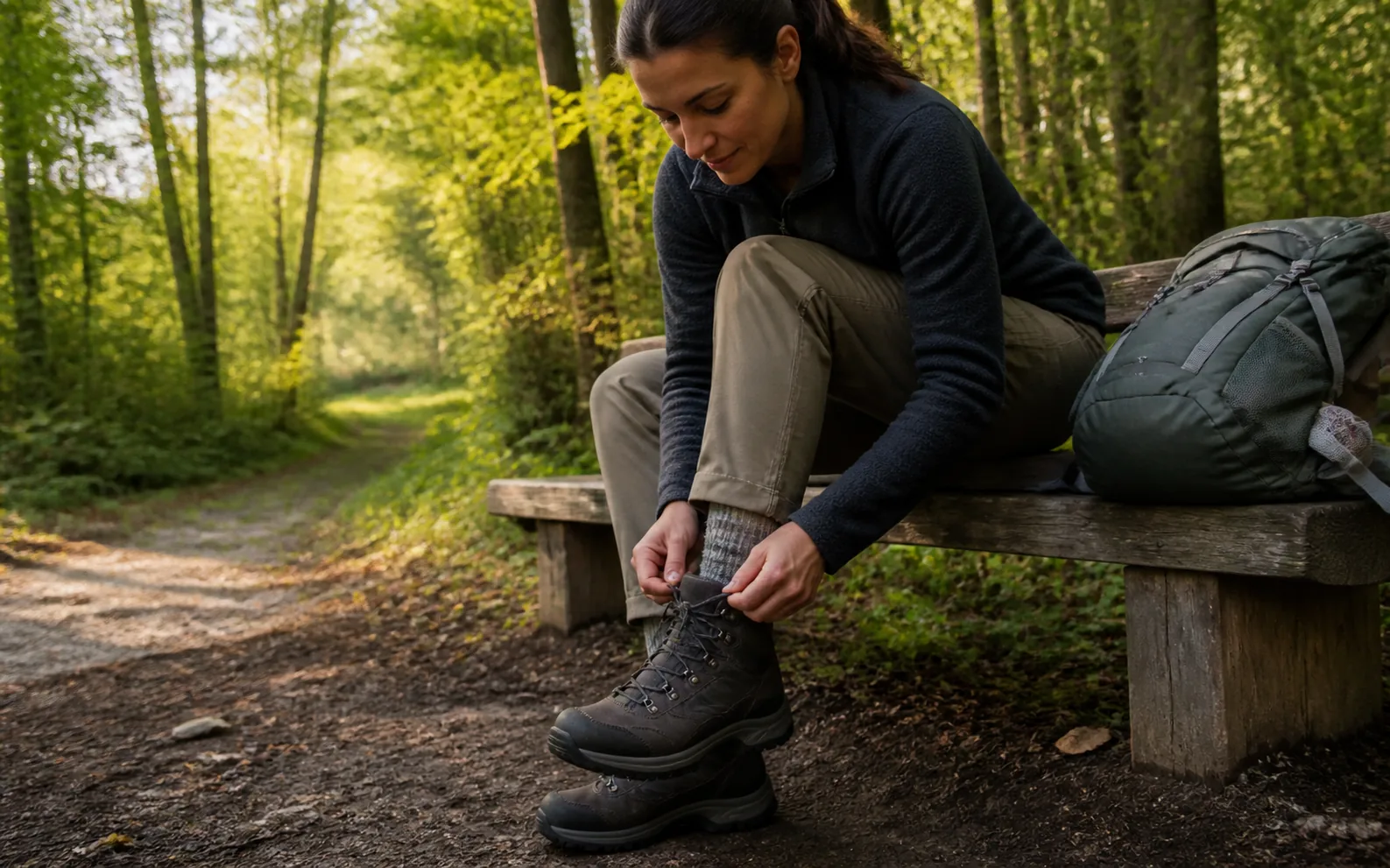 A new hiker lacing boots on a wooden trailhead bench with a small backpack nearby.