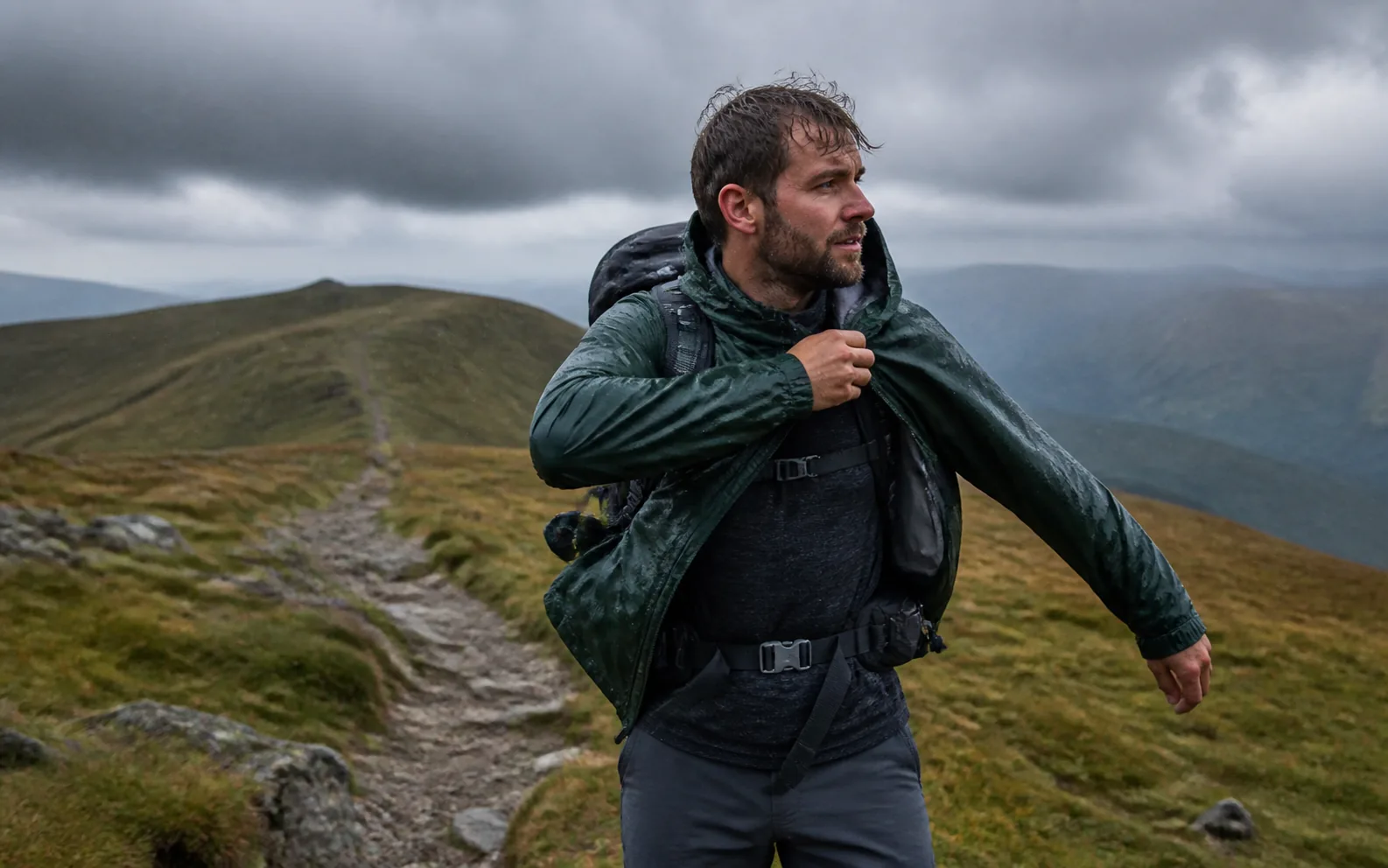 A hiker pulling on a forest-green rain shell as clouds gather above an open ridge.