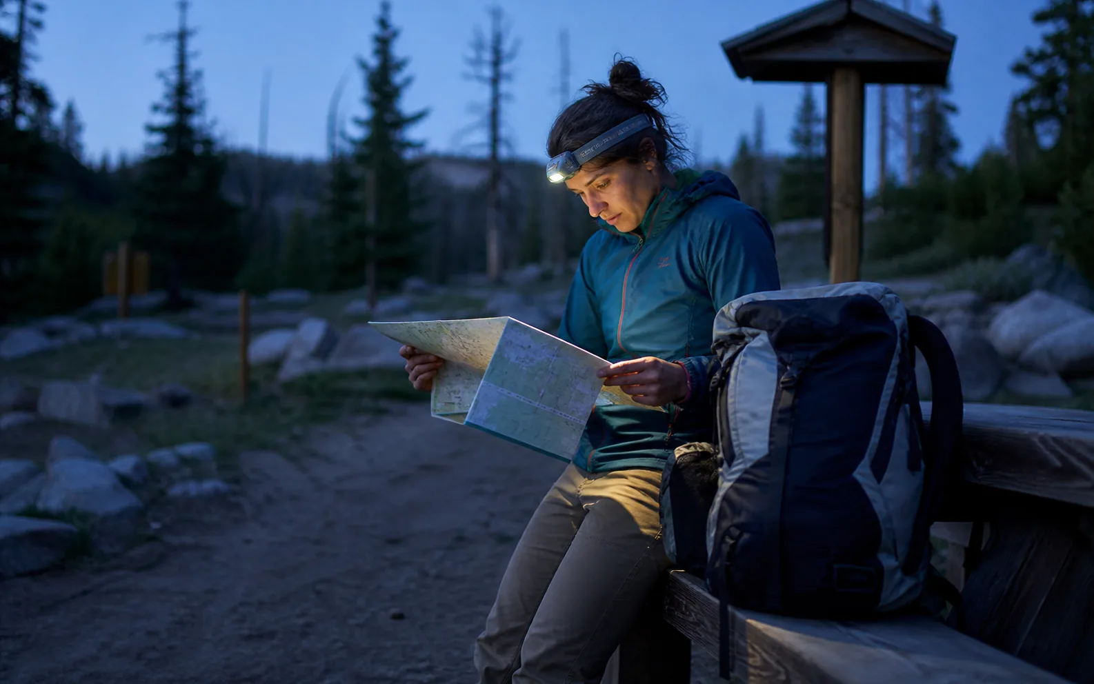 A hiker adjusting a headlamp at blue hour while a companion checks a paper map.