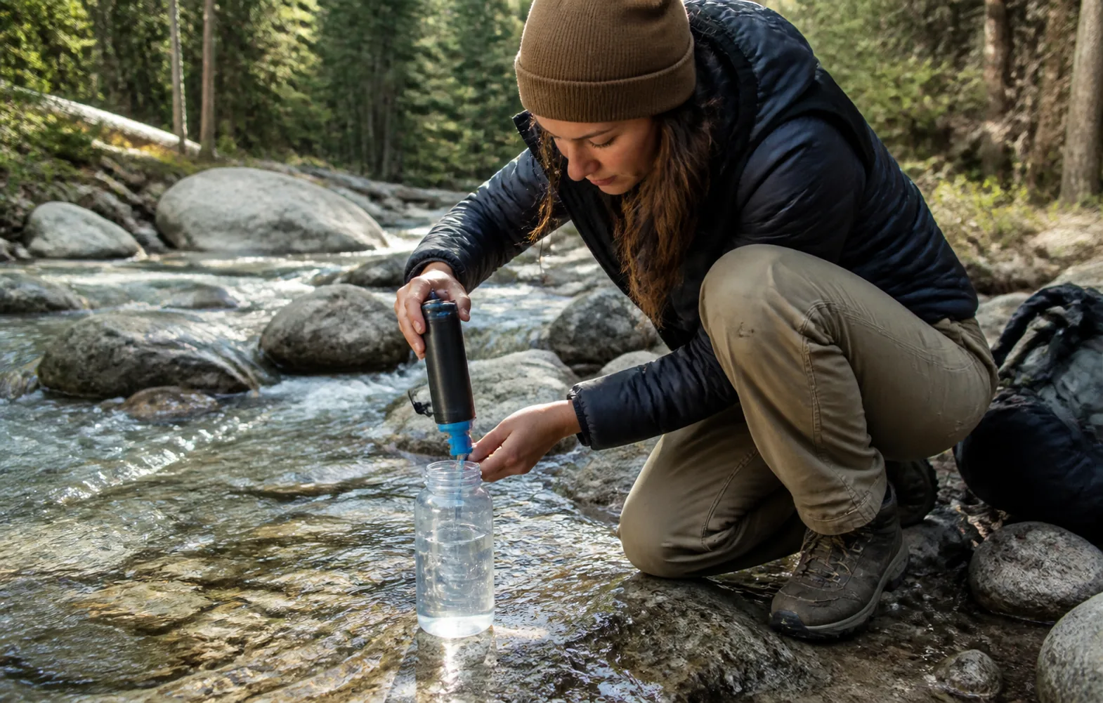 A hiker refilling a bottle and hydration reservoir at a backcountry water source.