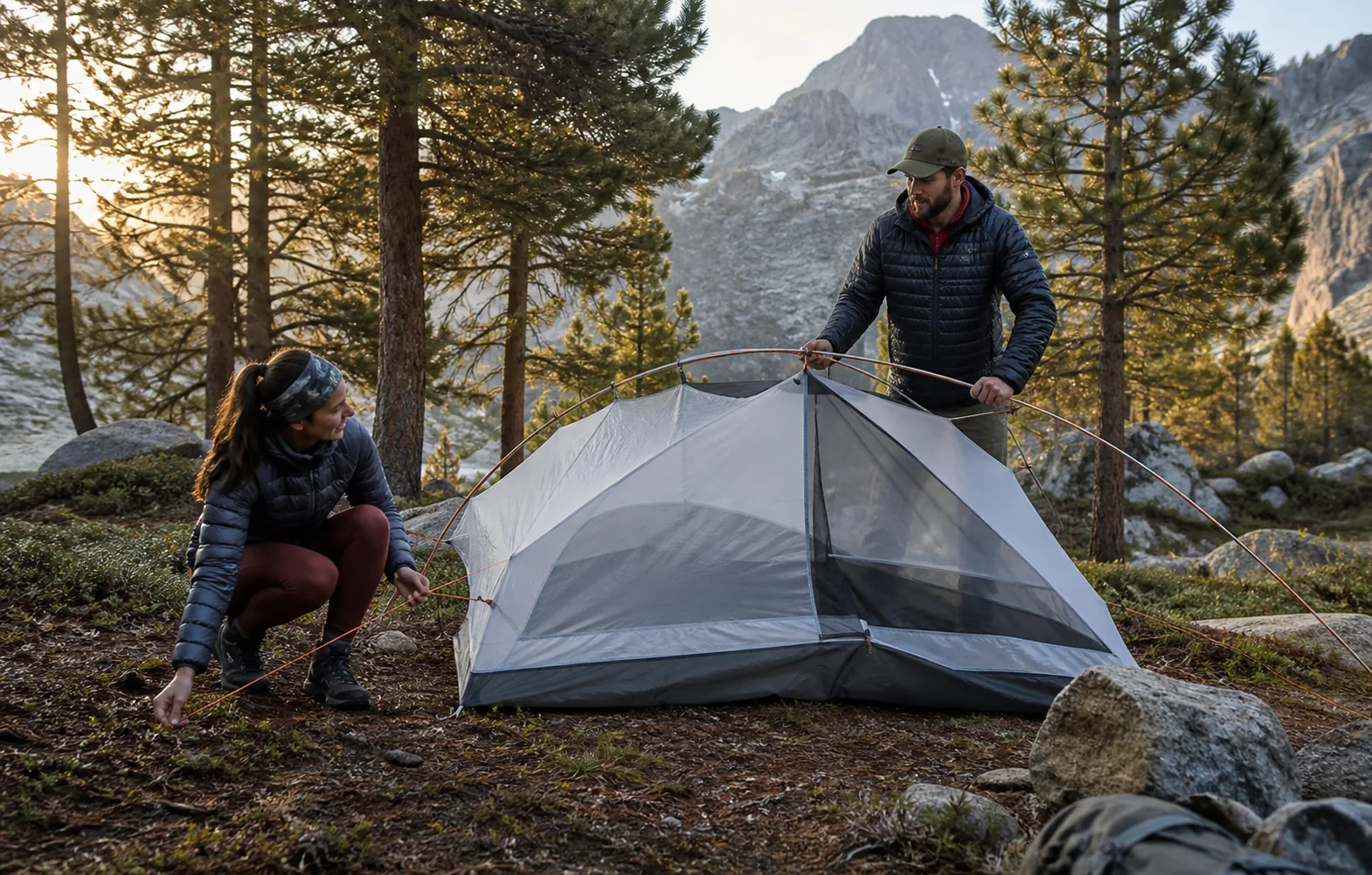 Two backpackers pitching a compact tent on durable ground near a mountain lake.