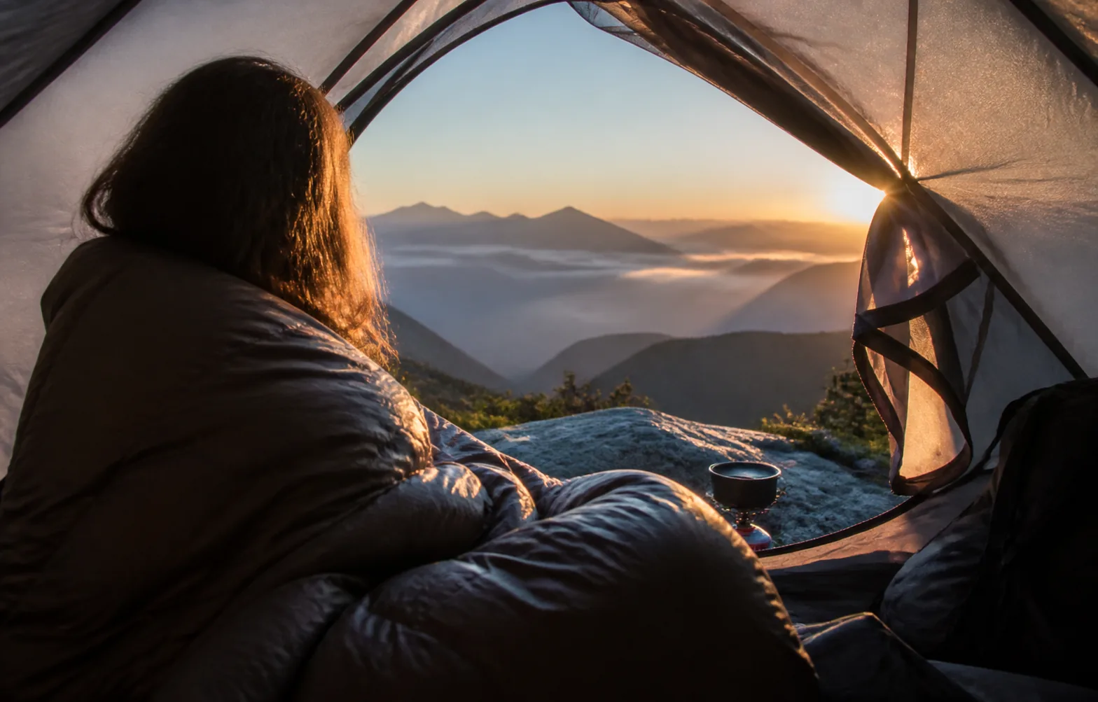 A camper sitting up in a sleeping bag at dawn inside an open tent overlooking pine forest.