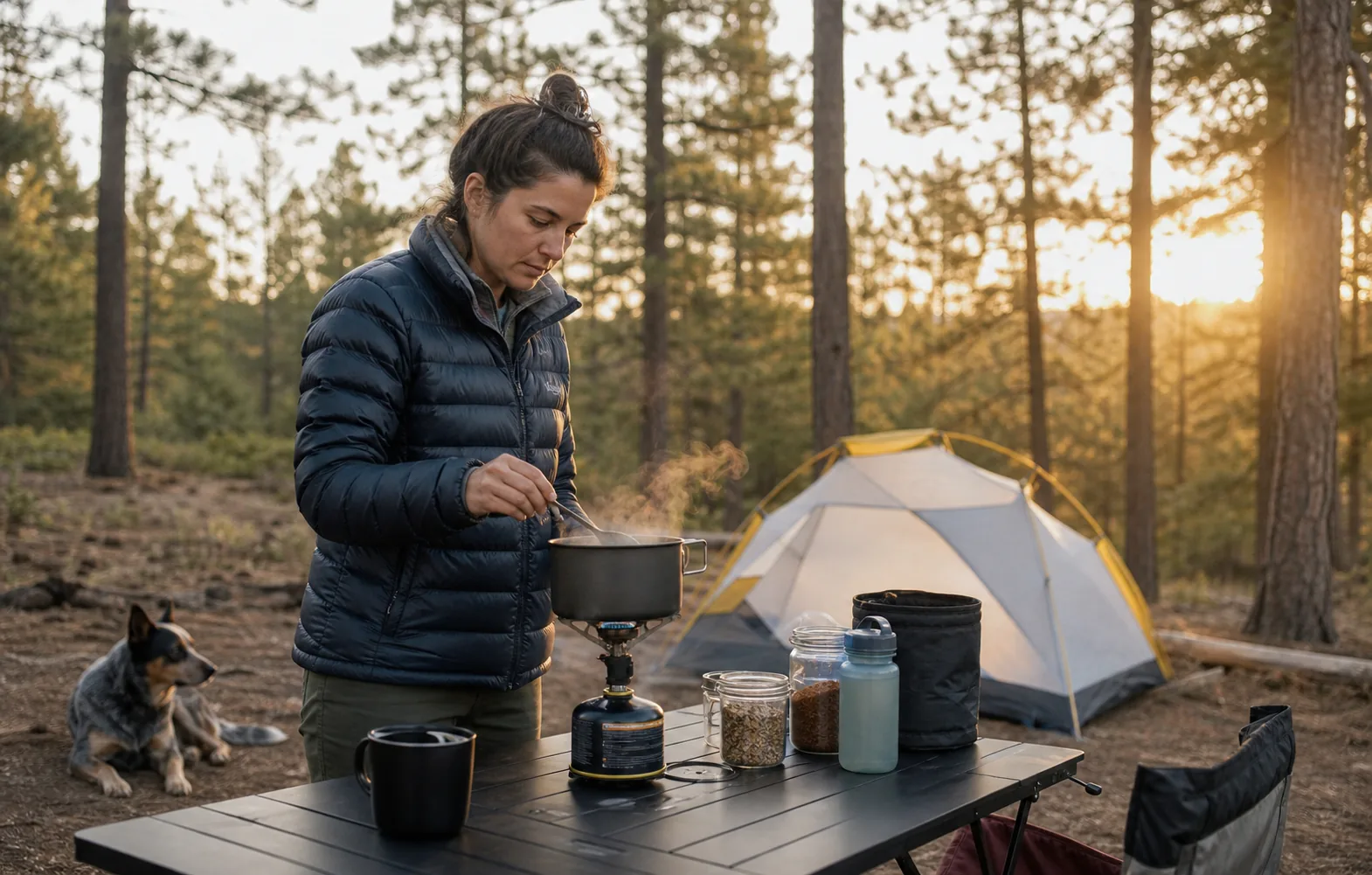 A backpacker preparing a simple meal on a compact stove at a sheltered campsite.