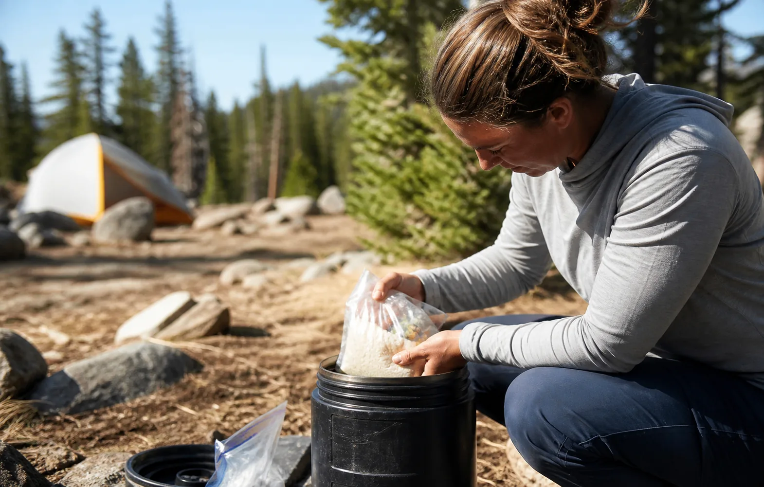 A camper organizing food into a bear canister at a designated backcountry campsite.