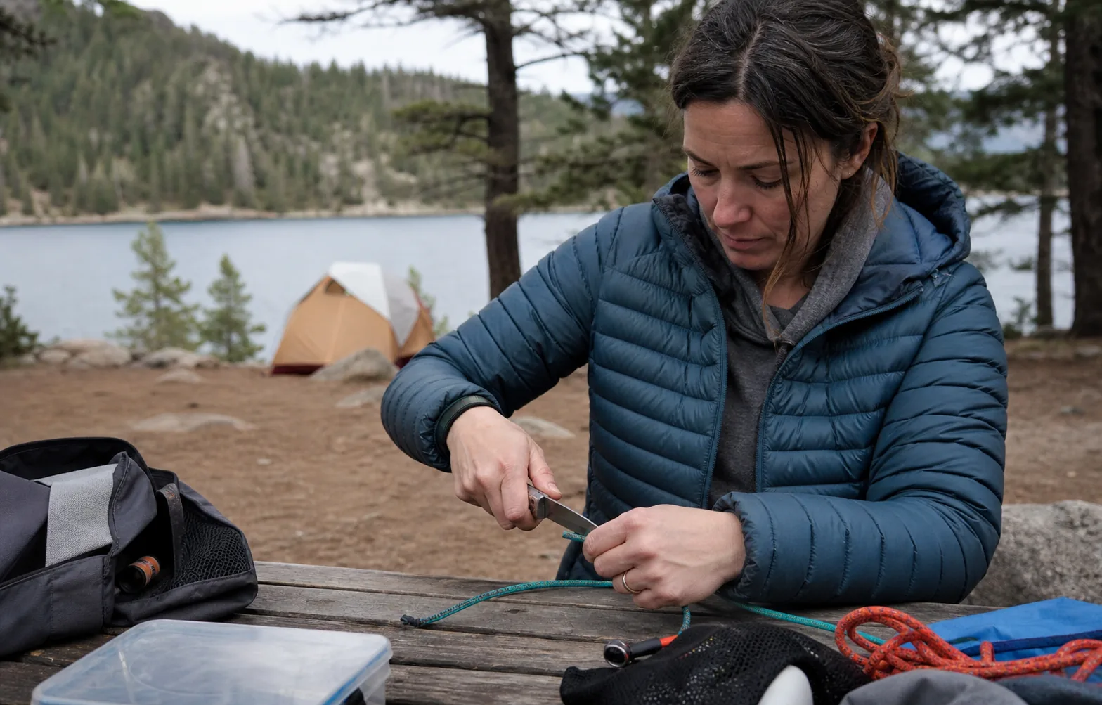 A camper safely slicing cord with a small folding knife on a camp table.