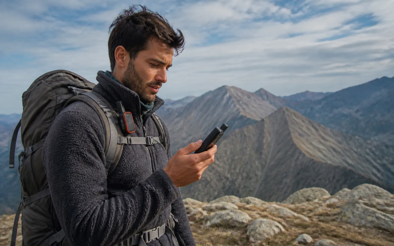 A solo hiker sending a satellite check-in from an open alpine viewpoint.