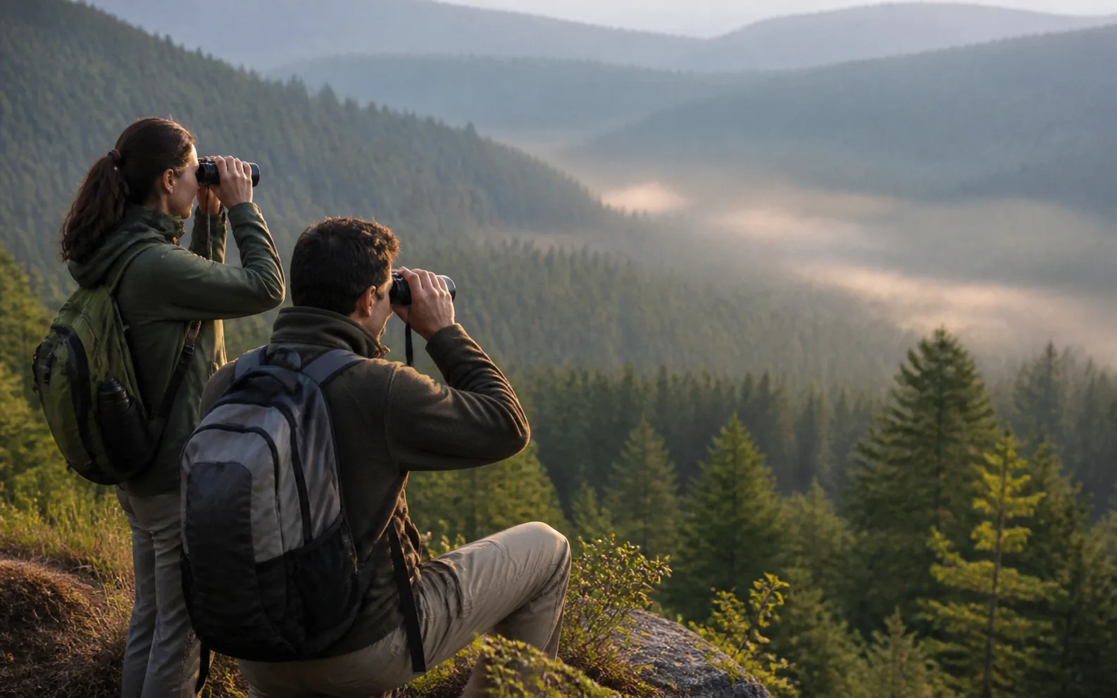 A traveler using compact binoculars to watch wildlife from a safe trail viewpoint.