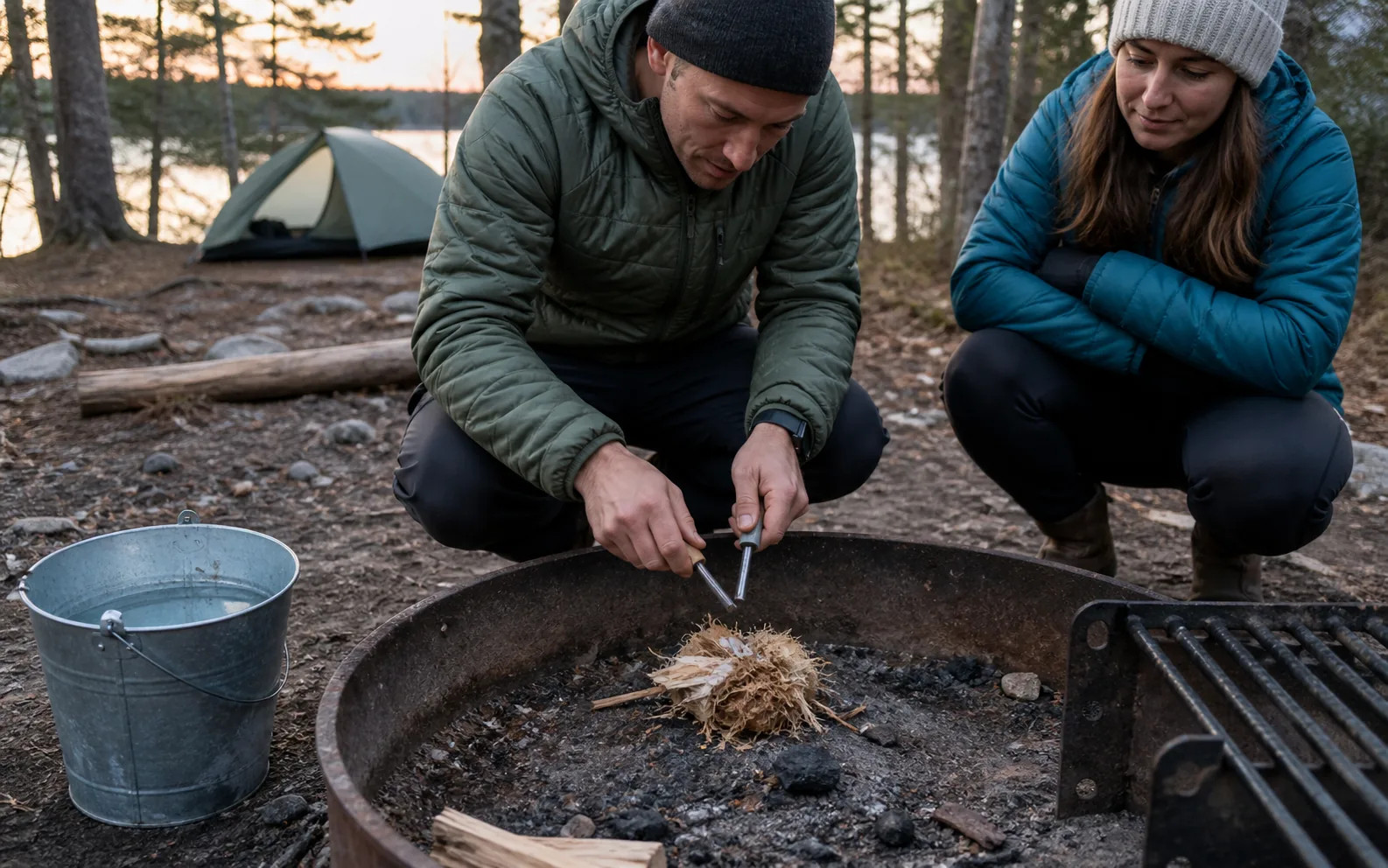 Gloved hands using a fire starter on prepared tinder at a designated campsite after rain.