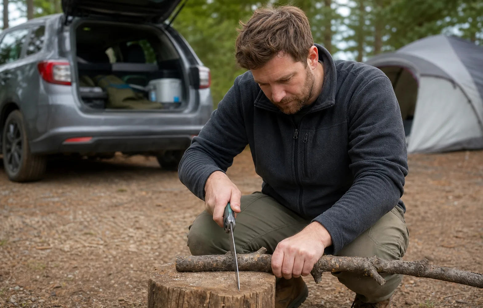 A car camper using a compact folding saw on permitted firewood beside an established fire ring.