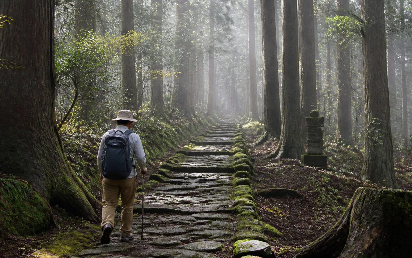 A traveler walking a mossy stone section of the Kumano Kodo beneath cedar forest.
