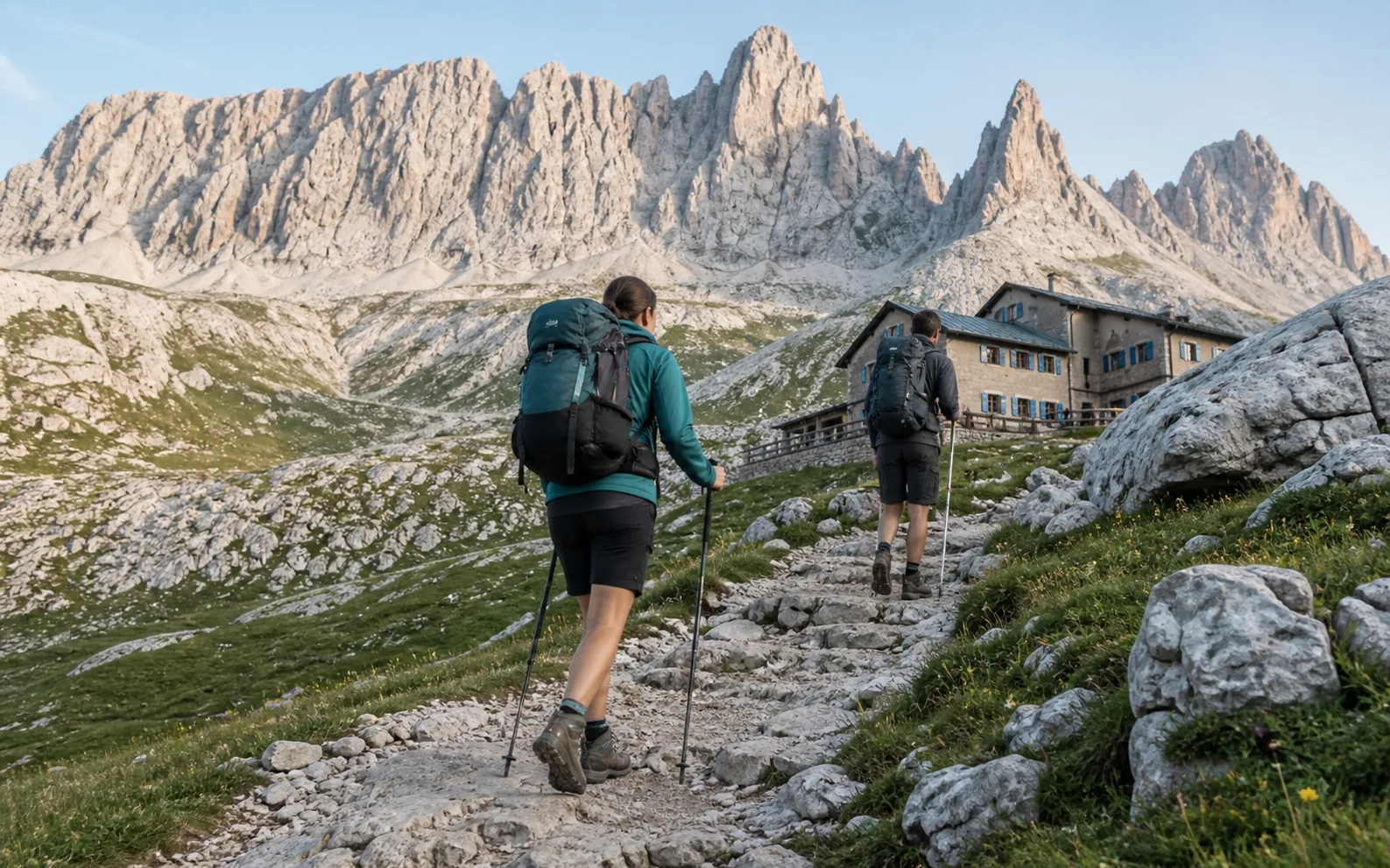 Hikers with compact packs approaching a stone rifugio beneath the Dolomite peaks.