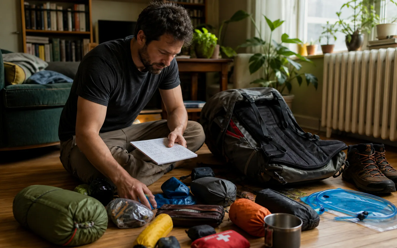 A hiker checking a handwritten day-hike list beside neatly organized gear on a wooden floor.