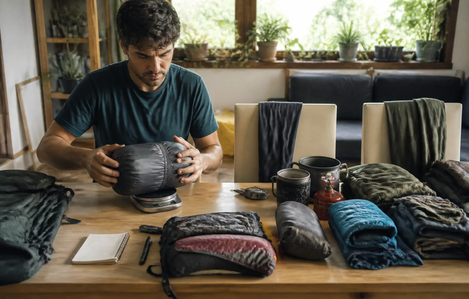 A beginner weighing individual backpacking items on a table while building a packing list.