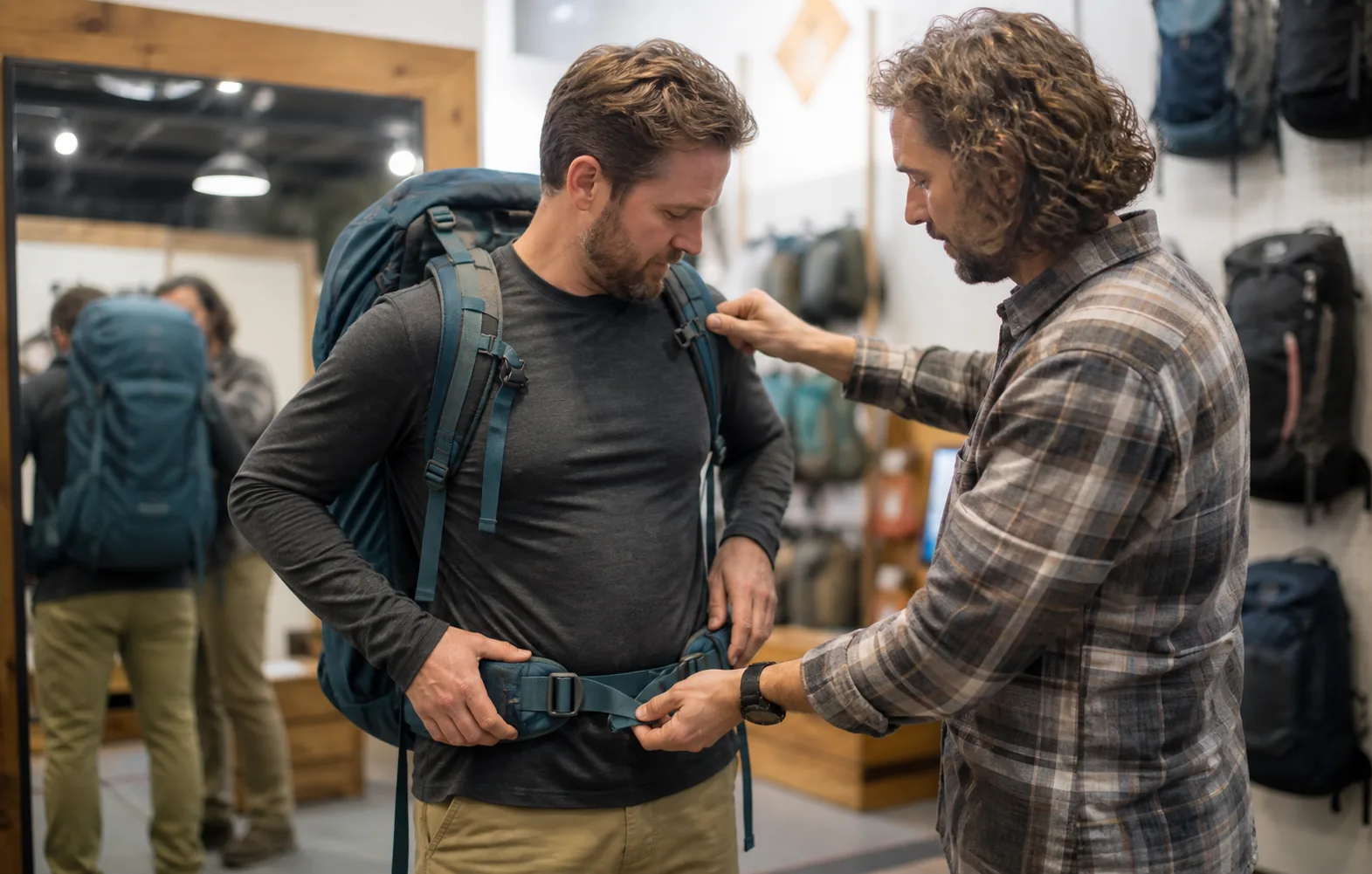 An outdoor-store fitter adjusting a hiker’s loaded backpack shoulder and hip straps.