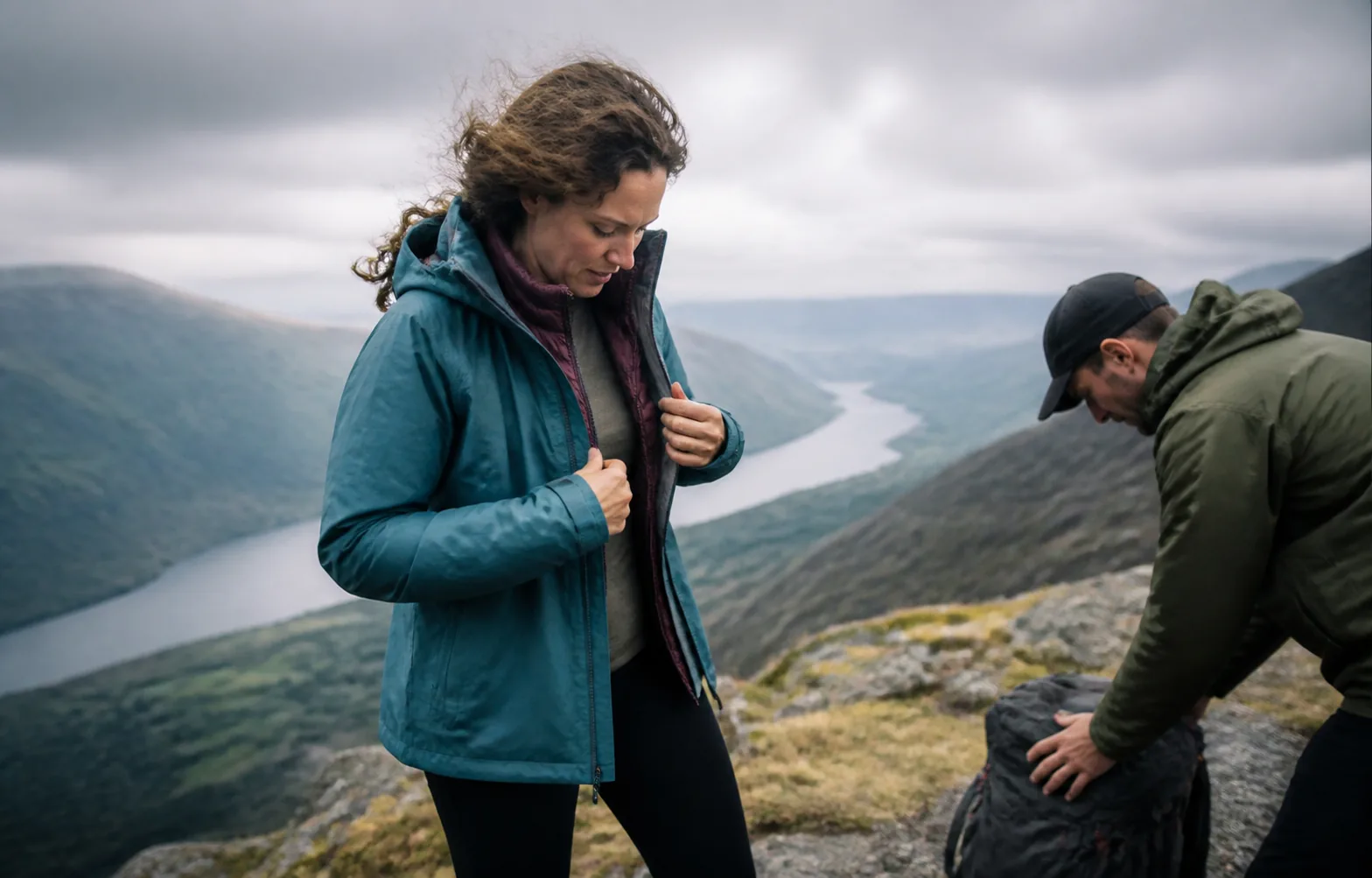 A hiker adding a warm layer during a windy rest stop while a rain shell hangs from the pack.