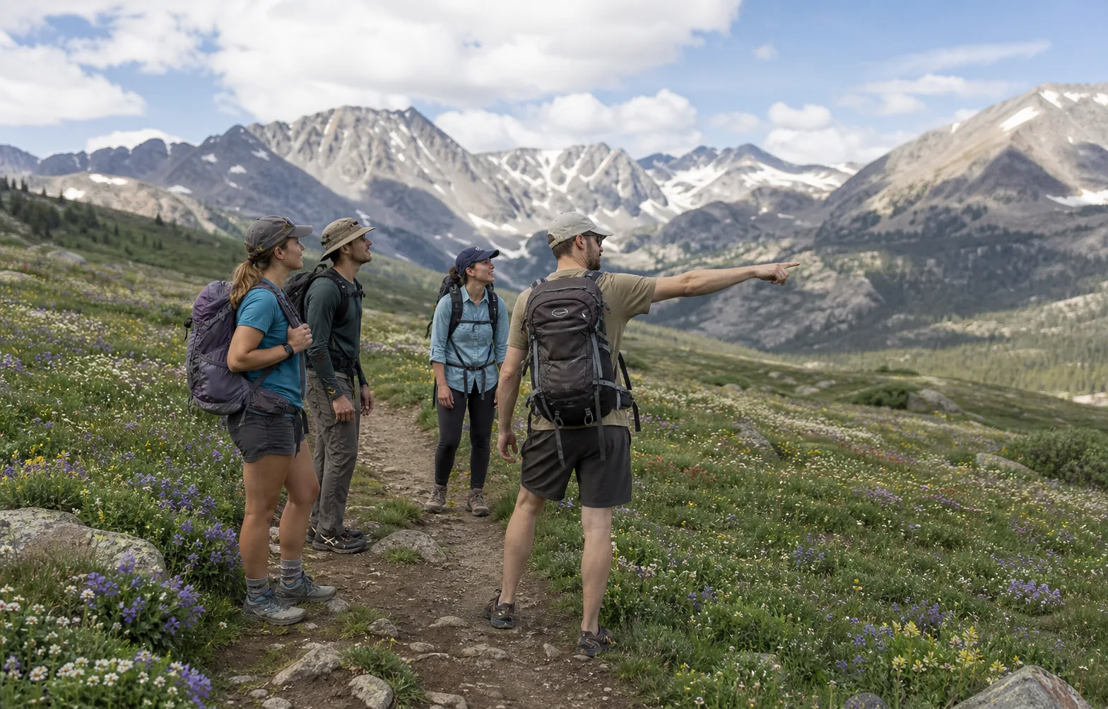 A small hiking group staying on a durable marked trail through fragile alpine meadow.