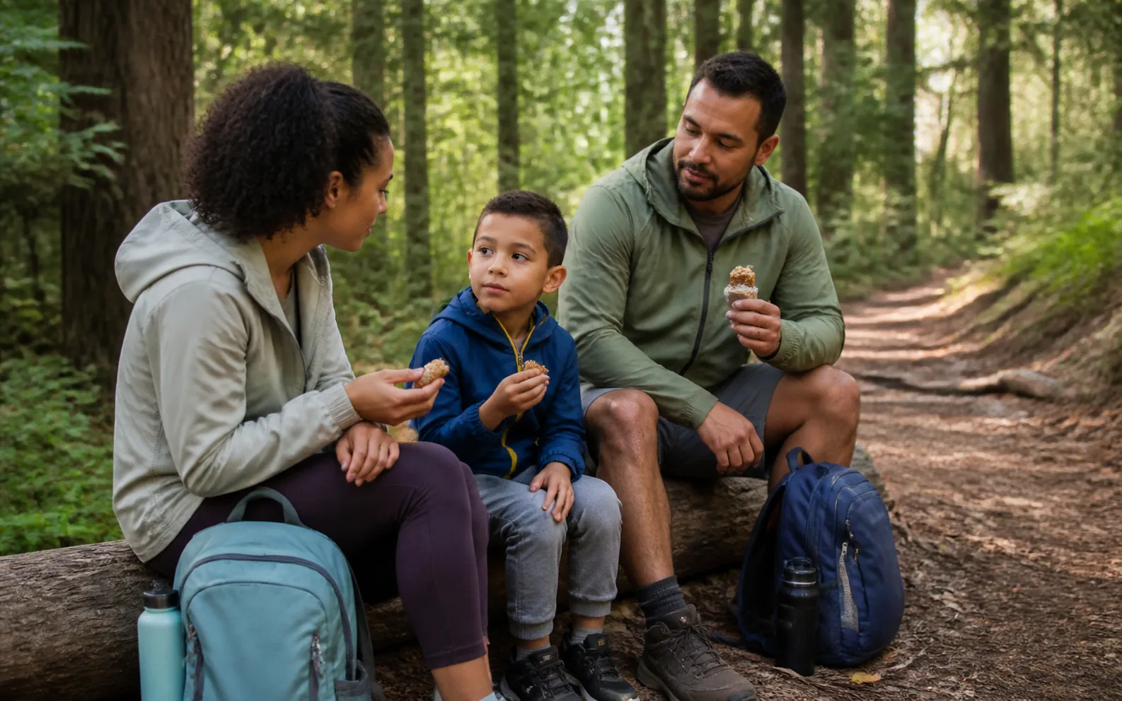 A family sharing snacks and adjusting a child’s small backpack beside a forest trail.