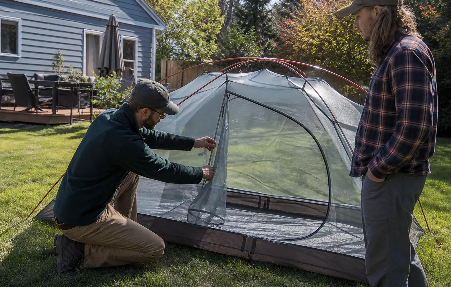 Two hikers inspecting the seams and poles of a used tent in daylight before purchase.